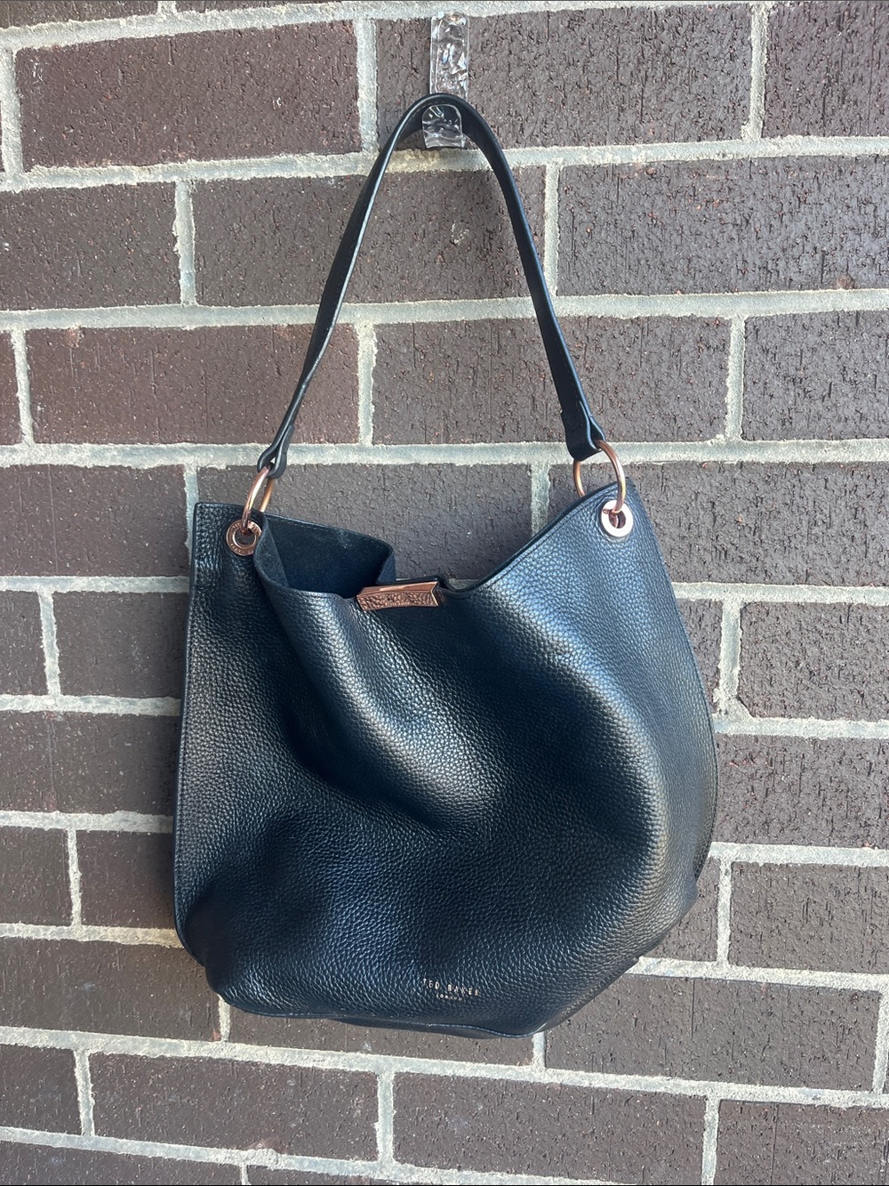 Ted Baker Black Pebbled Leather Hobo Shoulder Bag with Rose Gold Hardware